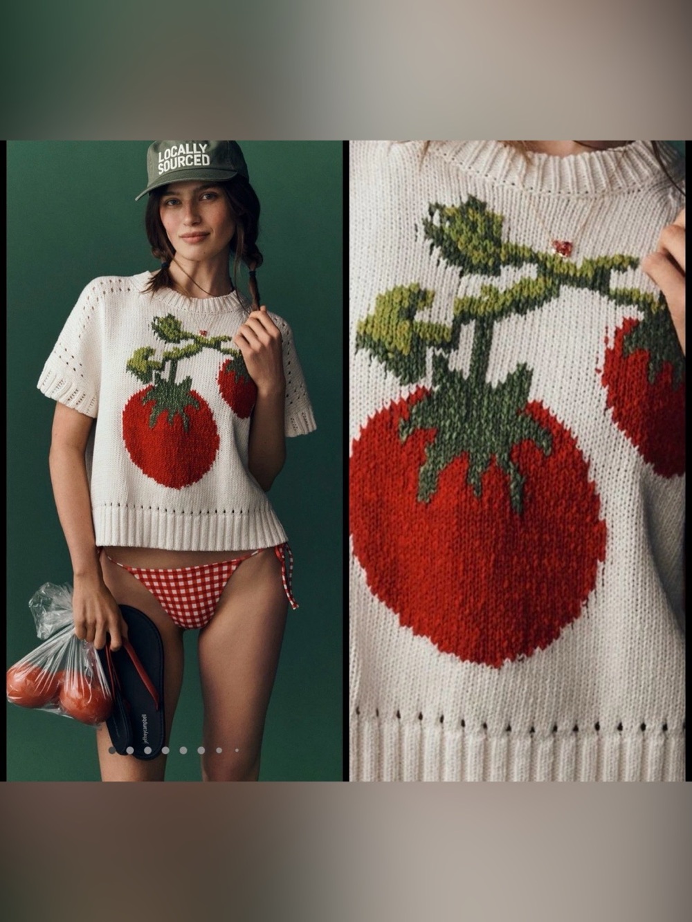 Anthropologie Maeve Crew-Neck Veggie Motif Graphic Sweater Tomato Knit Heavy